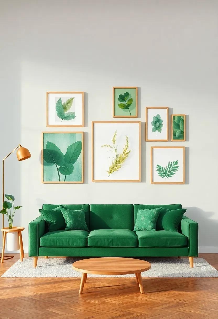 Artful Arrangement: Create‌ a gallery wall with various art pieces in shades of green, gold, and natural wood⁤ frames to tie the room together