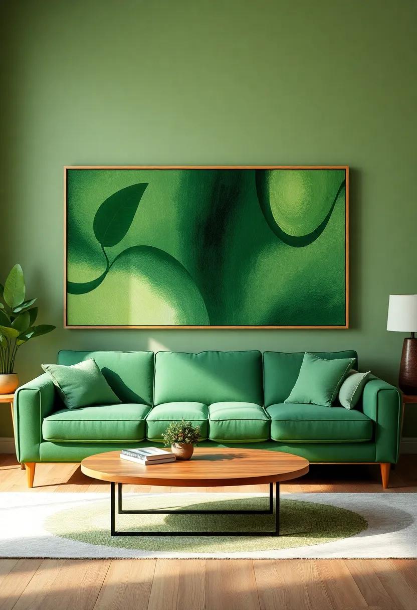 Artful‌ Displays: Hang oversized artwork that features shades of green to create a visual synergy with your couch and surrounding furnishings
