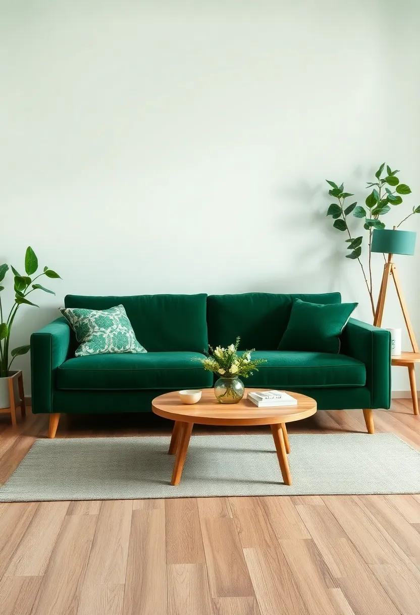 Contrast with Neutrals: Use light beige or cream wood furniture to provide a soft contrast that highlights the vibrancy of the ⁣green couch
