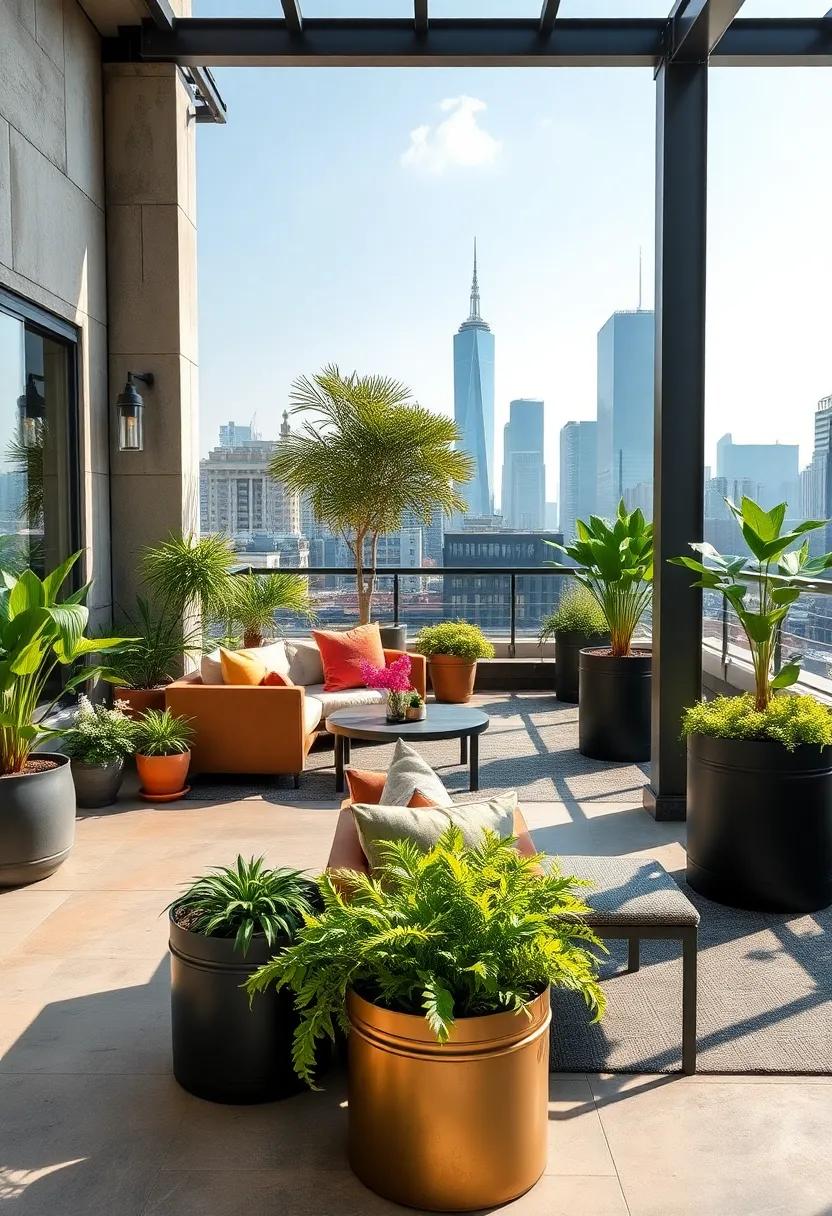 Urban Rooftop Escape: Discover how sleek ‌metal ⁣planters ⁣accentuate⁣ greenery ‍against ​a skyline backdrop, creating an oasis ​above the bustling city