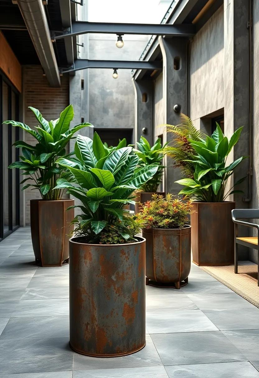 Nature ​Meets​ Steel: ⁤Observe the dramatic ‌contrast of lush foliage thriving in weathered ⁢metal⁢ planters, showcasing the beauty of⁣ natural versus ⁢industrial