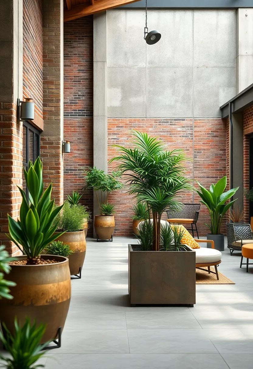 Rustic Warehouse Charm: Explore the blend of raw ‍materials, where vintage metal planters⁢ complement ⁤exposed brick and ​wooden beams in an industrial setting