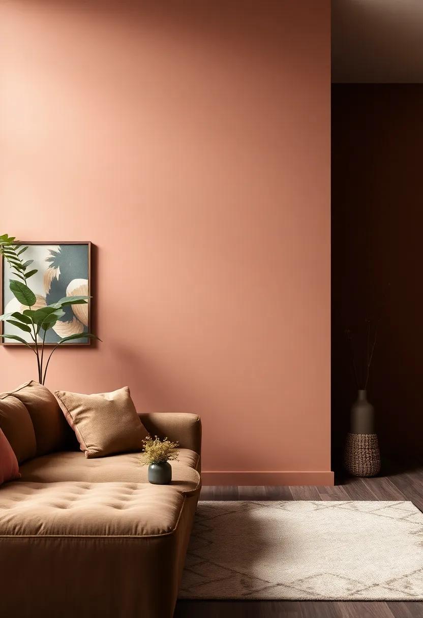 Deep Brown ⁢and Soft Blush: Envelop your living room ‍in warmth with deep brown contrasted by soft blush accents, giving an inviting touch‍ of romance