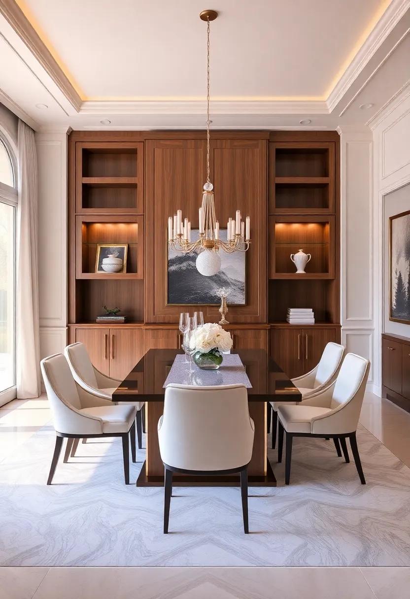 Sophisticated Symmetry: Admire a​ dining room that features meticulously crafted symmetrical⁣ cabinetry, ⁤enhancing the space's ⁤elegance and balance
