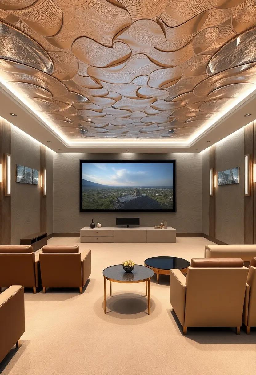 Opulent Oasis: ⁢A ⁢home theater⁤ with a silver ‍leaf ⁤ceiling that ​reflects light beautifully, ​creating a shimmering effect⁣ during movie night