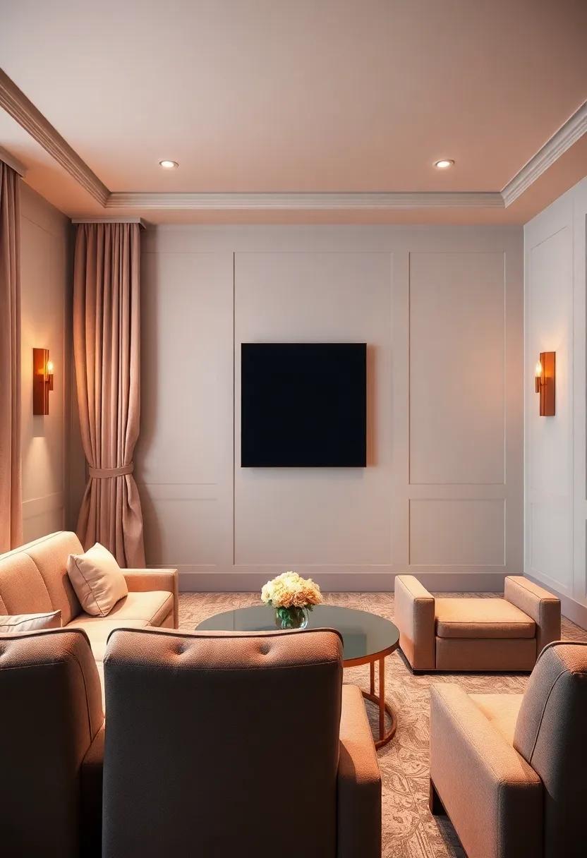 Rose Gold Retreat: Soft rose gold elements ⁢on wall sconces​ and curtain ties bring warmth ⁣and sophistication to this lavish home theater