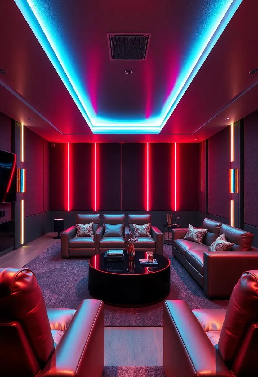 Neon ​Dreams: ⁣Daring neon metallic ⁢lights paired with sleek furnishings create a vibrant atmosphere perfect for an immersive cinematic experience