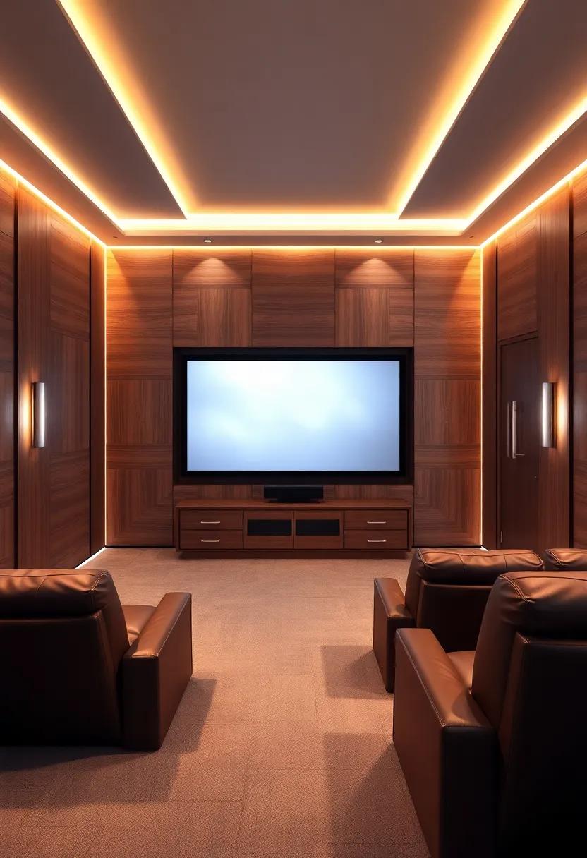 Luxurious Escape: Warm metallic wood‌ panels mixed with soft lighting create ⁤an inviting atmosphere that draws you into a world of⁢ entertainment