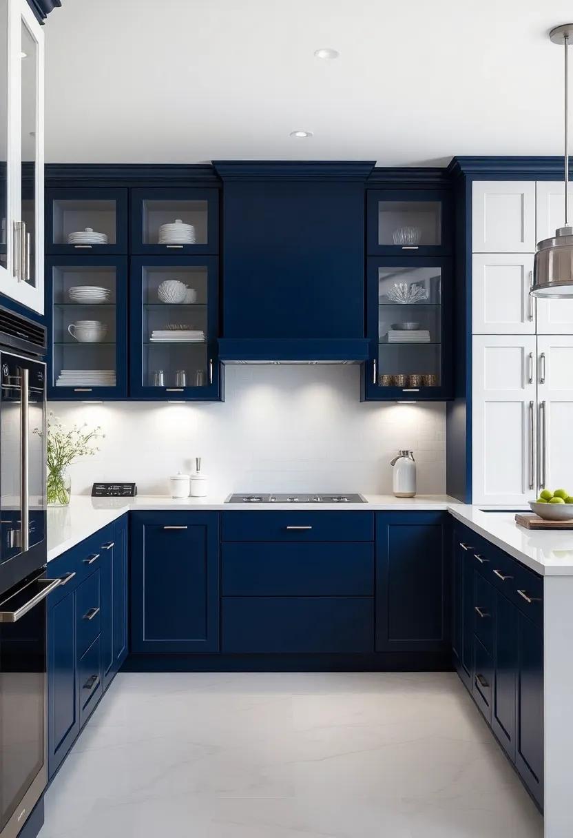 Two-Tone Elegance: ⁤Combine ‌contrasting‍ colors like navy blue‌ and crisp white with glass-front cabinetry to create a striking‍ visual interest and depth in your kitchen design