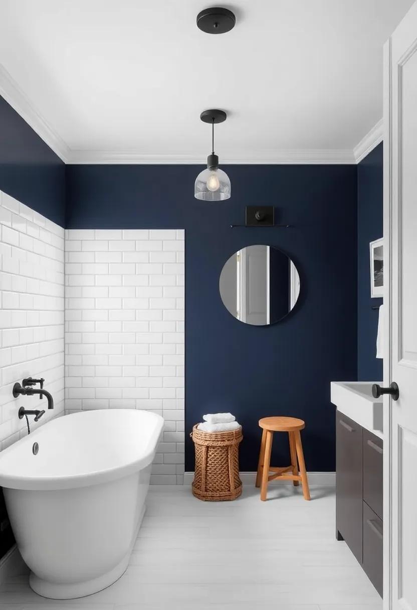 Bold Accents: Find⁢ inspiration in the‌ combination of deep navy walls and classic ⁢white subway tiles that create a striking visual statement in a ⁢cozy bathroom