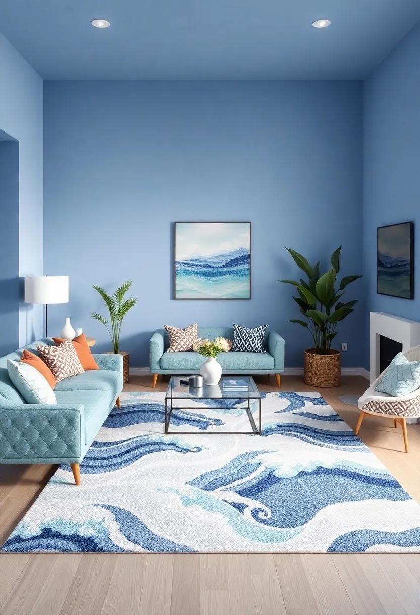 Ocean-Inspired Rugs: place a rug featuring waves or ocean motifs underfoot to tie the room together with a thematic element