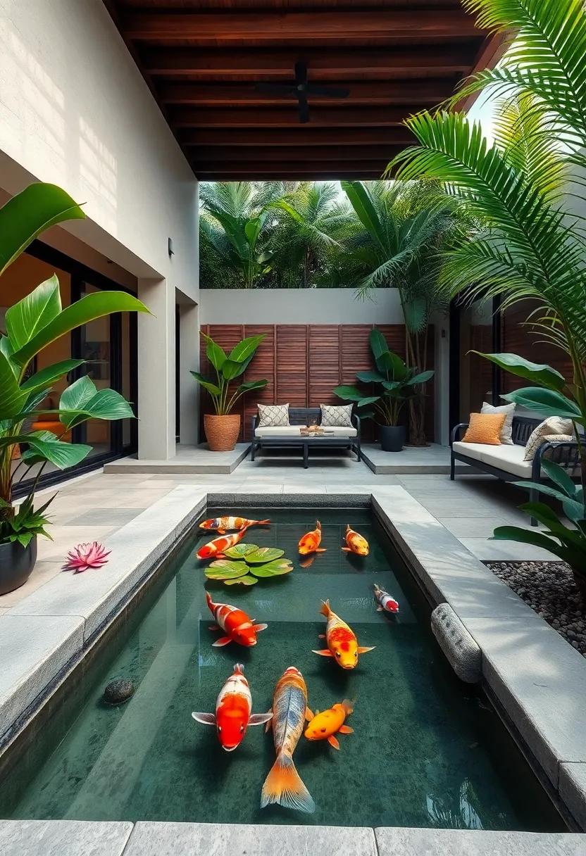 Create a⁣ small ⁢pond with koi fish and water‌ lilies​ to⁣ add tranquility⁤ and movement