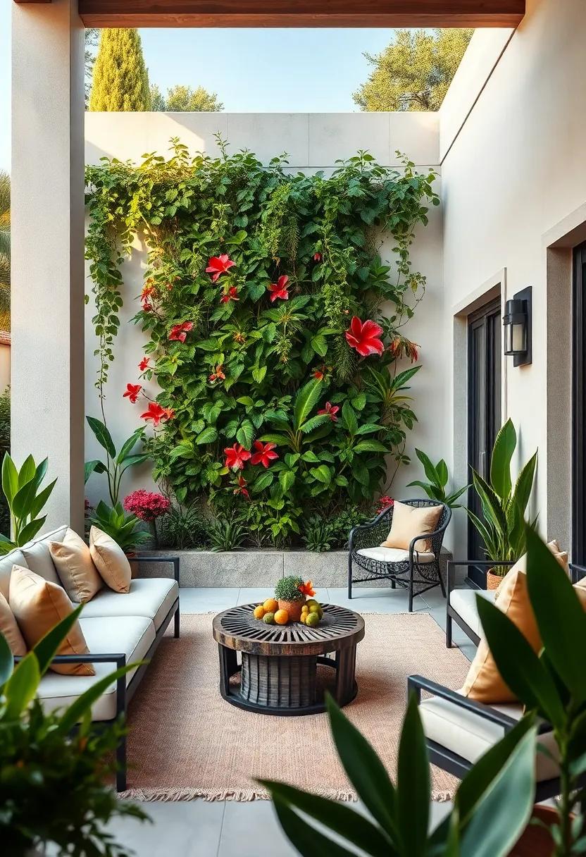 Create a ⁣vertical ⁢garden with climbing ​vines and tropical flowers for an innovative‌ green wall