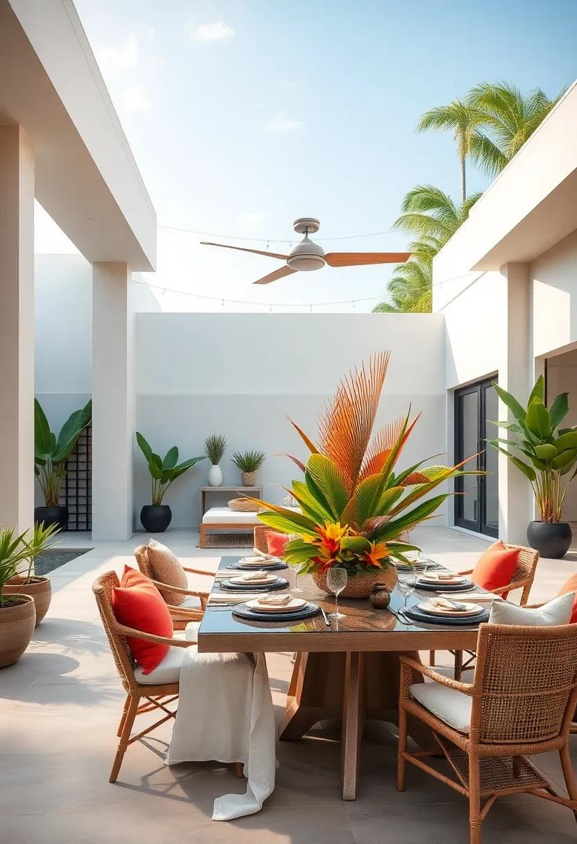 Create an outdoor dining⁣ area with a large tropical ⁢centerpiece to celebrate alfresco meals