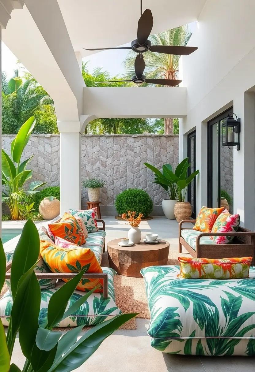 Use oversized cushions in bold tropical prints‍ for an inviting and comfortable lounging area