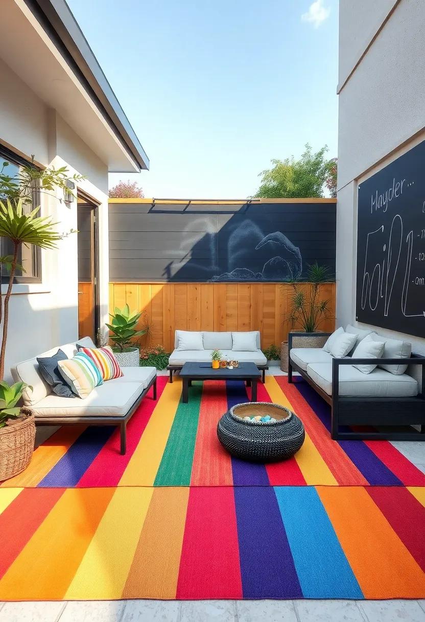 Rainbow⁢ Play⁣ Zone:​ Use​ vibrant, weather-resistant rugs⁢ to define playful areas, featuring a chalkboard wall ​for creativity, ‍alongside comfortable ‌loungers for ‌parents to supervise