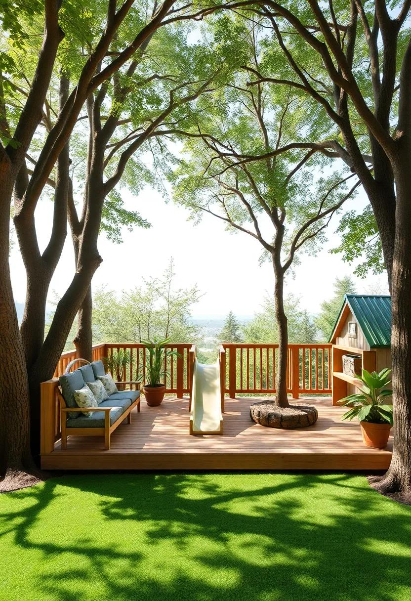 Treetop Escape: Raise a wooden deck among the trees, featuring a small‌ slide and climbing features for kids,⁤ while maintaining low seating options for adults to relax