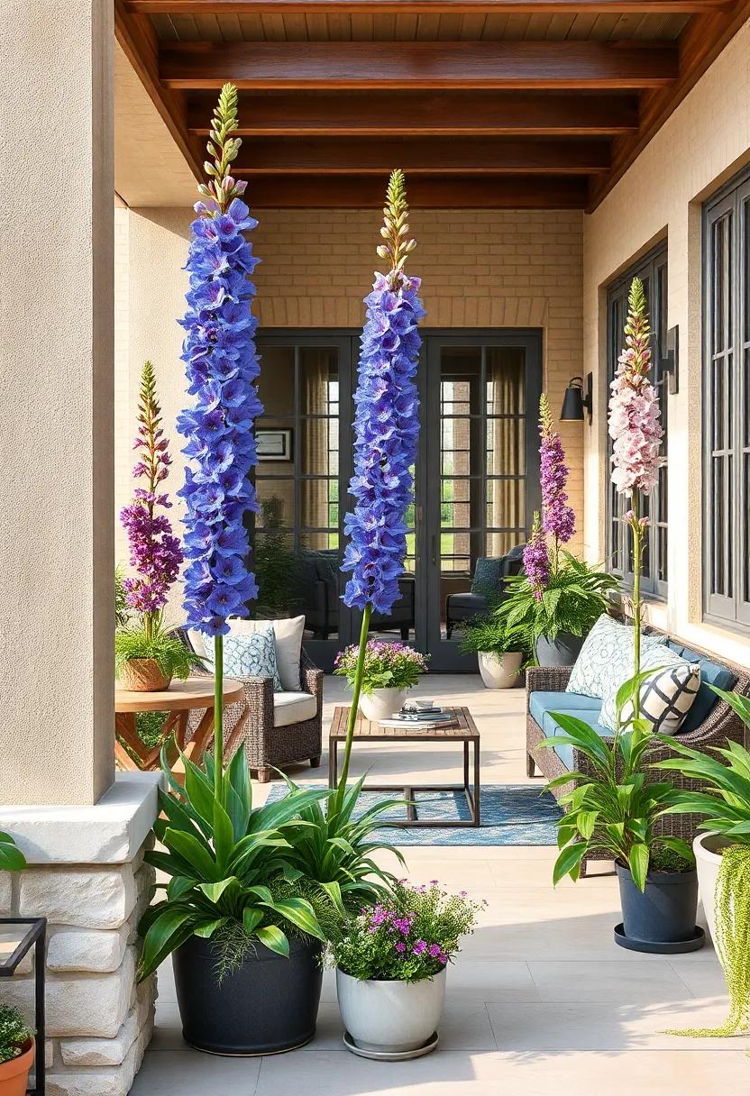 Delphinium (Delphinium spp.)⁢ - With ⁣towering spikes of flowers in various shades of blue, purple, and white, delphiniums create a stunning vertical accent for any patio