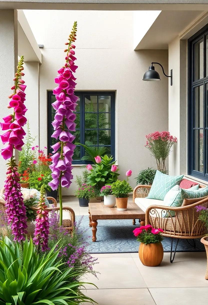 Foxglove (Digitalis purpurea) - With tall, ⁣stately spikes of tubular flowers, foxglove brings vertical interest⁣ and a dramatic flair to patio gardens