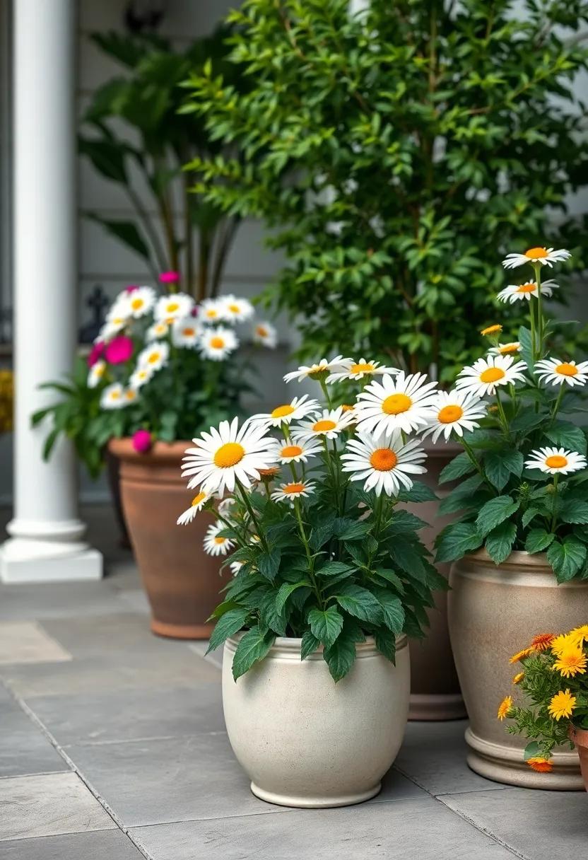 Shasta Daisy (Leucanthemum x superbum) - With their ⁤classic white petals and sunny yellow centers, Shasta daisies create a timeless look in⁤ any patio arrangement