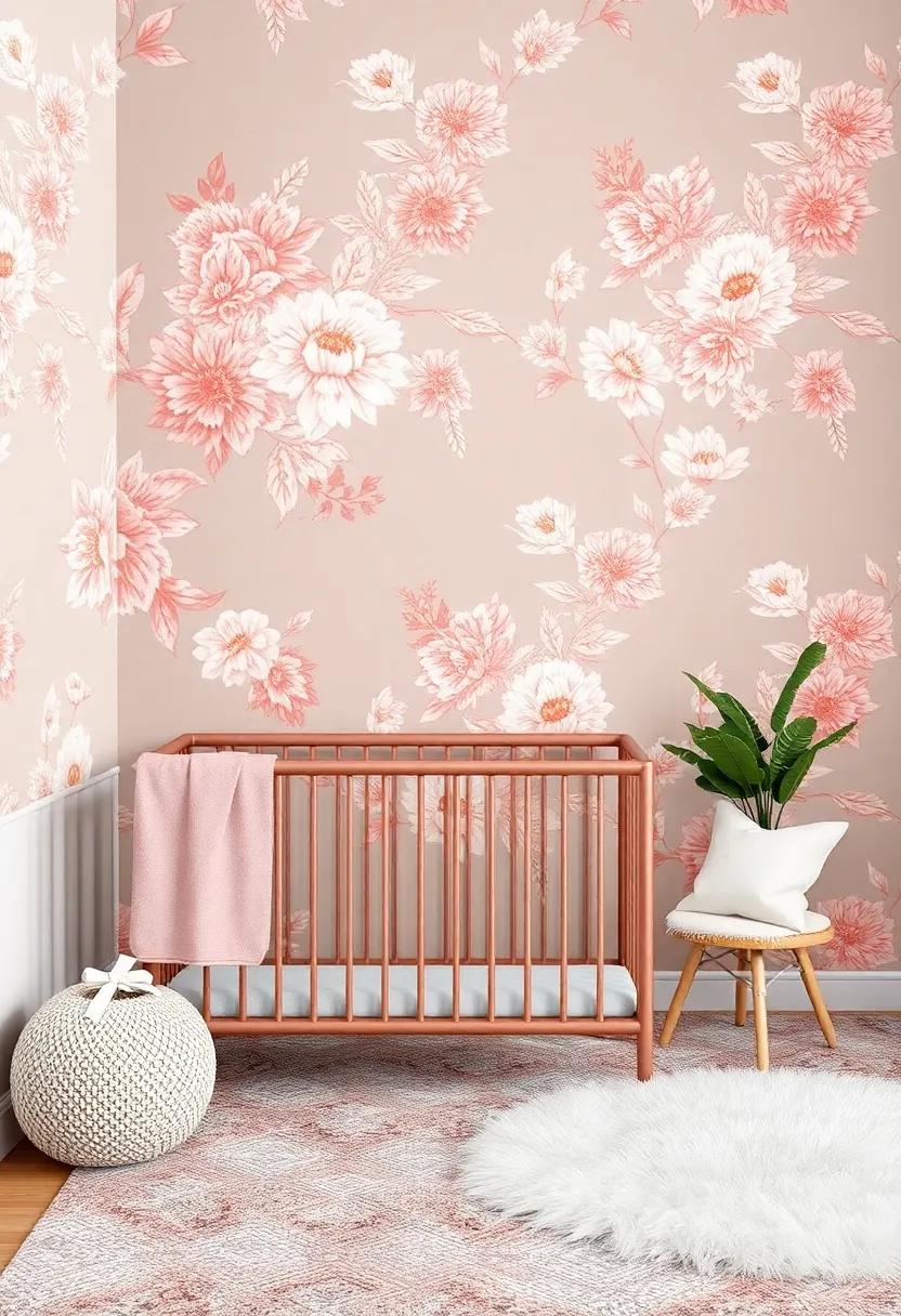 Whimsical wallpaper: Choose a floral or geometric rose gold wallpaper to ‍add visual ⁣interest‌ and charm to the walls