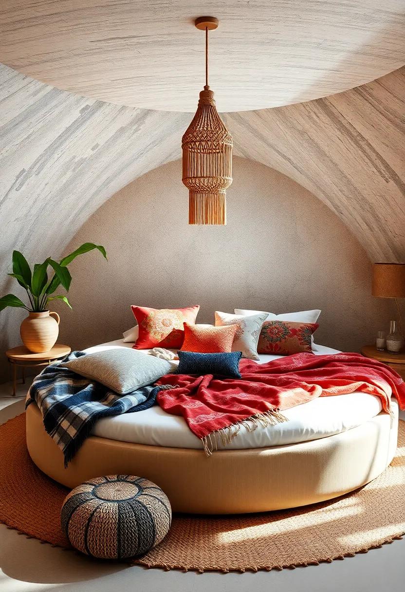 The Bohemian Chic: Embrace a free-spirited vibe with a round bed ⁤adorned in ⁤colorful textiles, layered ⁤cushions, and hanging macramé accents to create a ⁤cozy, dreamy retreat