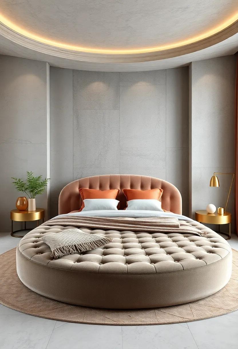 The⁤ Luxe Upholstered Oasis: Indulge in luxury with a plush, velvet-upholstered round bed that‍ serves as the centerpiece of your​ bedroom, ​paired with elegant⁢ gold accents for ⁣a touch of ​glam