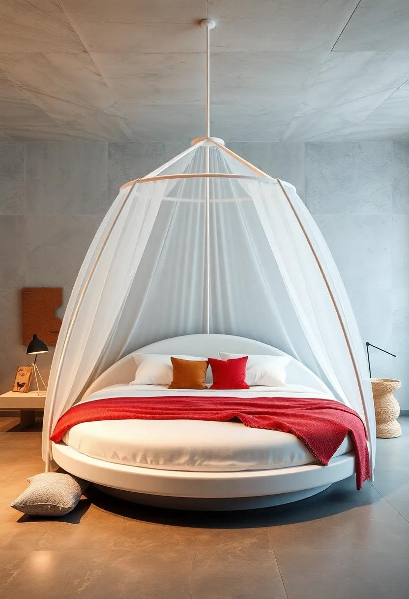 Minimalist⁢ Marvel: A ​sleek white⁣ round bed​ with clean lines and a simple geometric canopy allows ​for a⁤ serene,uncluttered ⁢space⁤ that promotes relaxation ⁢and peace of mind