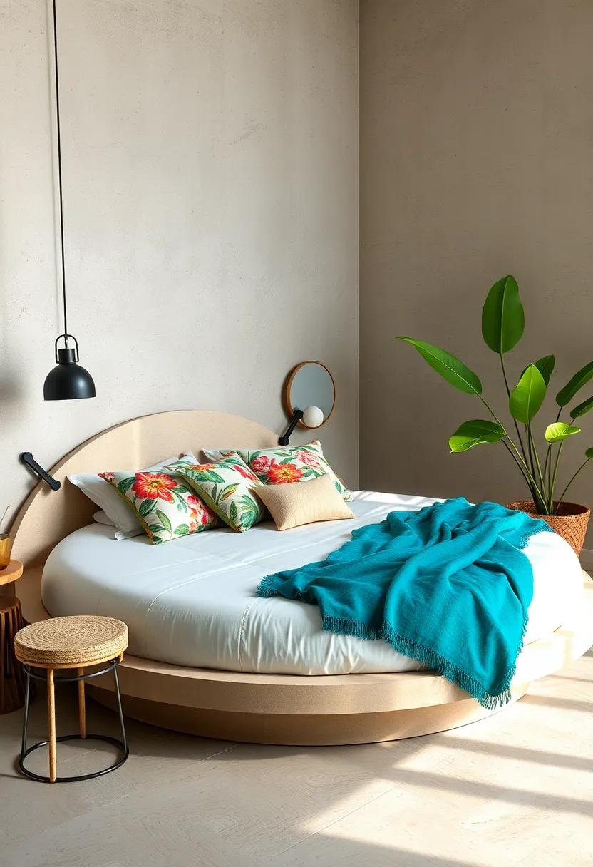 Tropical Escape: Bring vacation vibes ​home with a round bed adorned‌ with bright floral patterns, tropical prints,⁢ and light fabrics that ​evoke a serene beach paradise