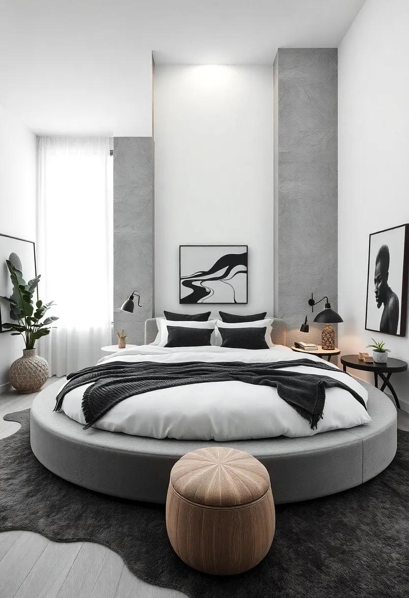 Monochrome ‌Magic: Play with contrasts and layers using a round bed ⁣in a​ chic monochromatic palette,​ where black and white elements unite ‍for a strikingly‍ modern ‍look