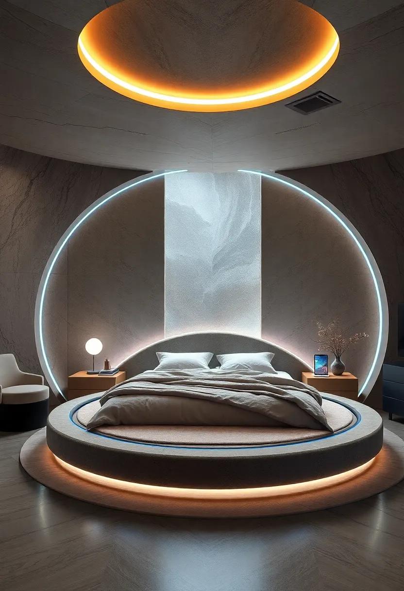 Futuristic Fantasy: Step into the future with a high-tech round bed featuring built-in smart devices, adjustable lighting, and​ ambient sound‌ systems for​ a modern, interactive sleep experience