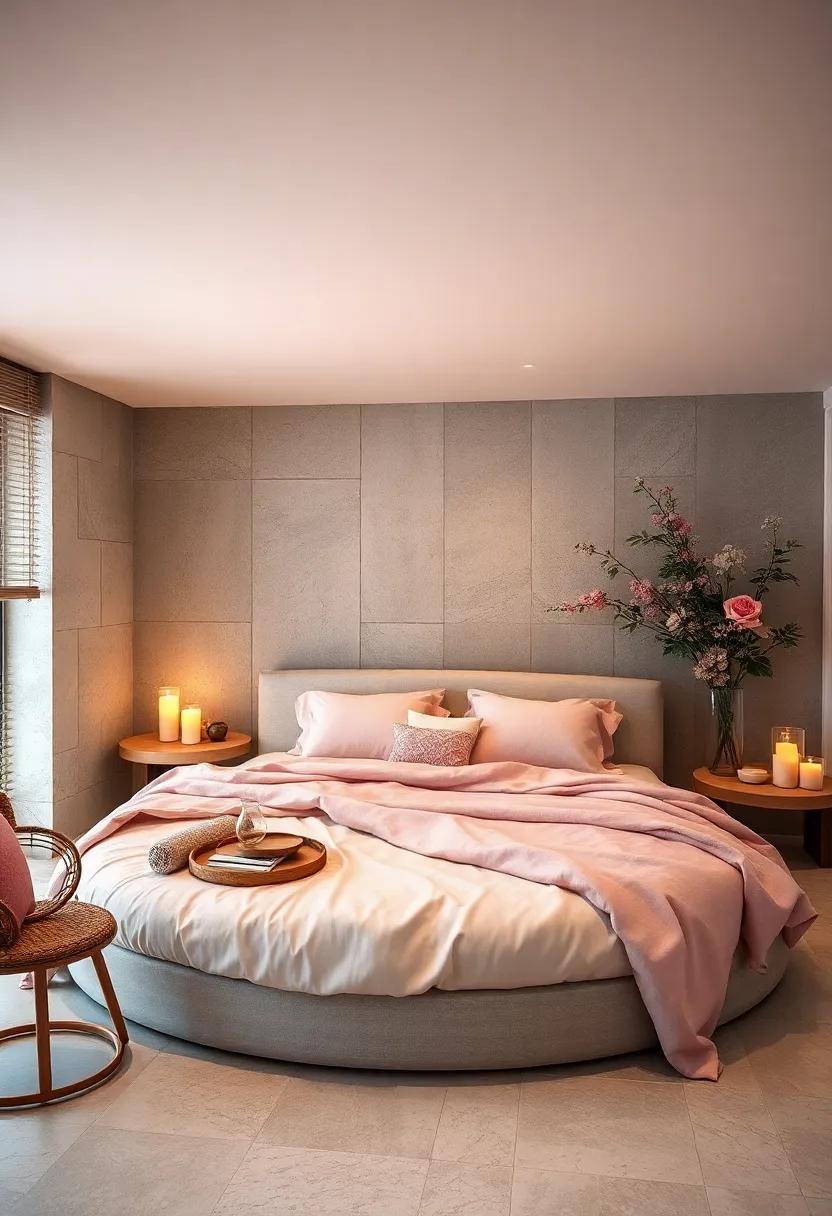 Romantic Retreat: Achieve a blissful ‌sanctuary with a round bed layered⁣ in soft,⁢ romantic colors like blush and‌ lavender,‌ complemented by candlelight and​ delicate floral ​arrangements