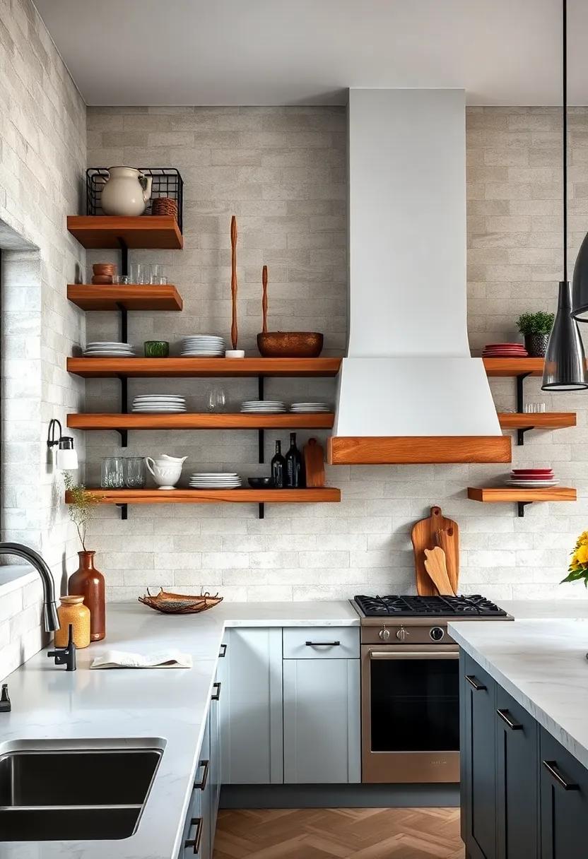 Combination Class: Create visual interest ​by mixing materials; pair wooden shelves with glass or metal for a striking contrast that enhances your rustic kitchen design