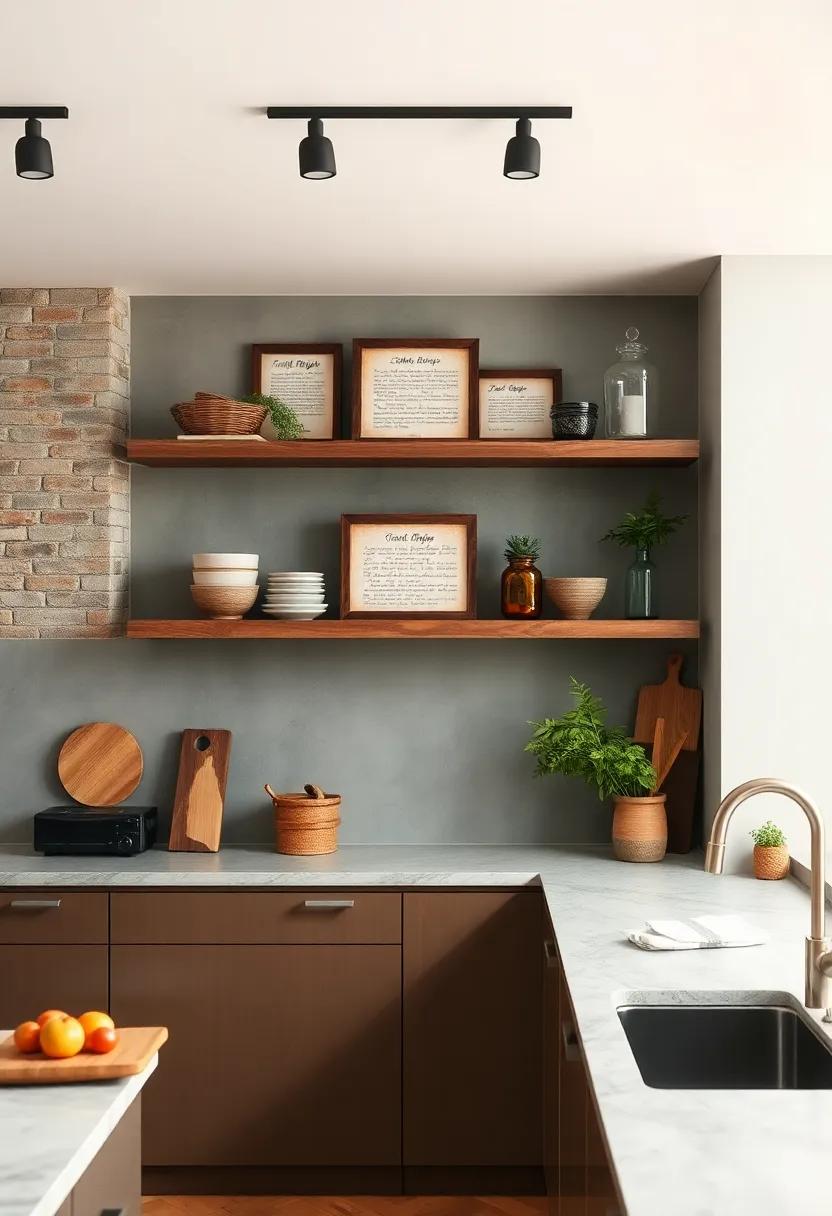 Family Recipe Display:‌ Create special floating shelves dedicated to ‍showcasing handwritten family recipes framed in rustic ⁢designs, making your kitchen feel like home