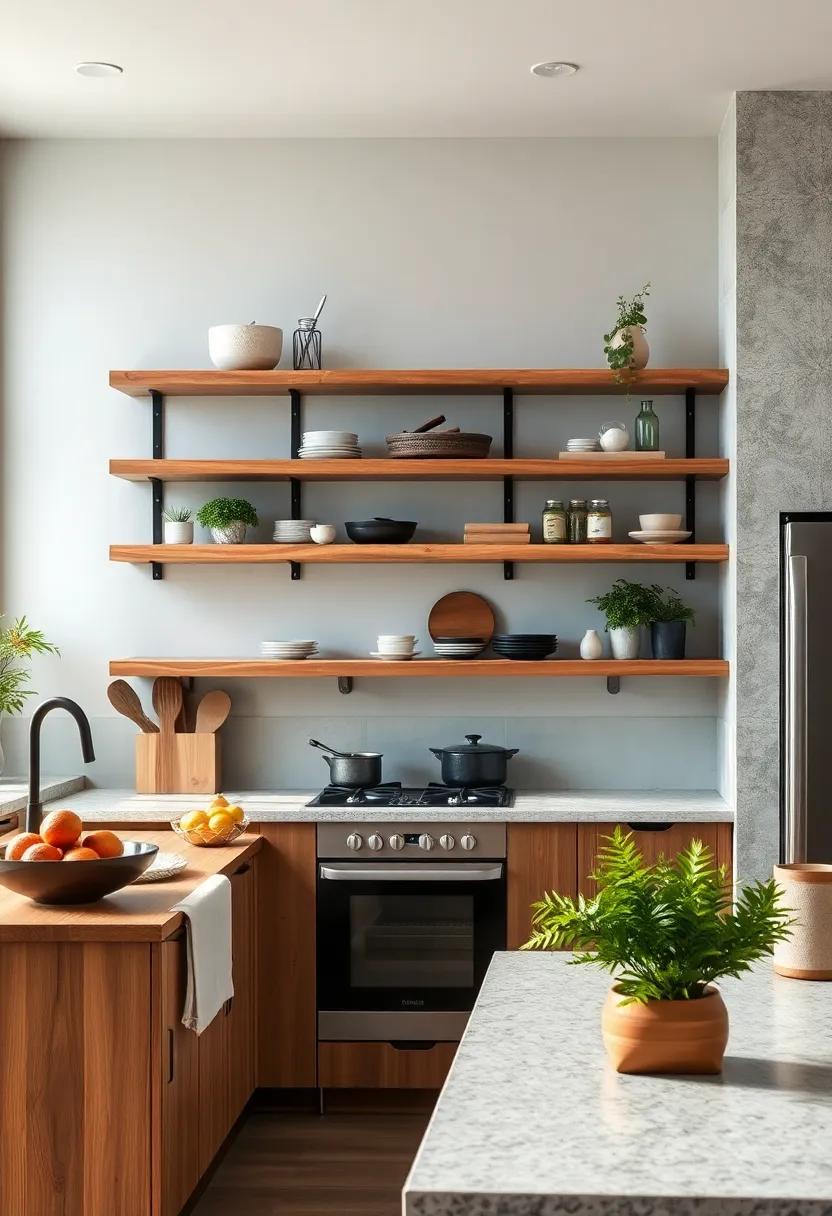 Rustic‍ Serenity: Opt for ⁤minimalist floating shelves in natural ⁣wood tones to emphasize⁤ clean lines and simplicity, ‍creating a⁣ serene cooking space