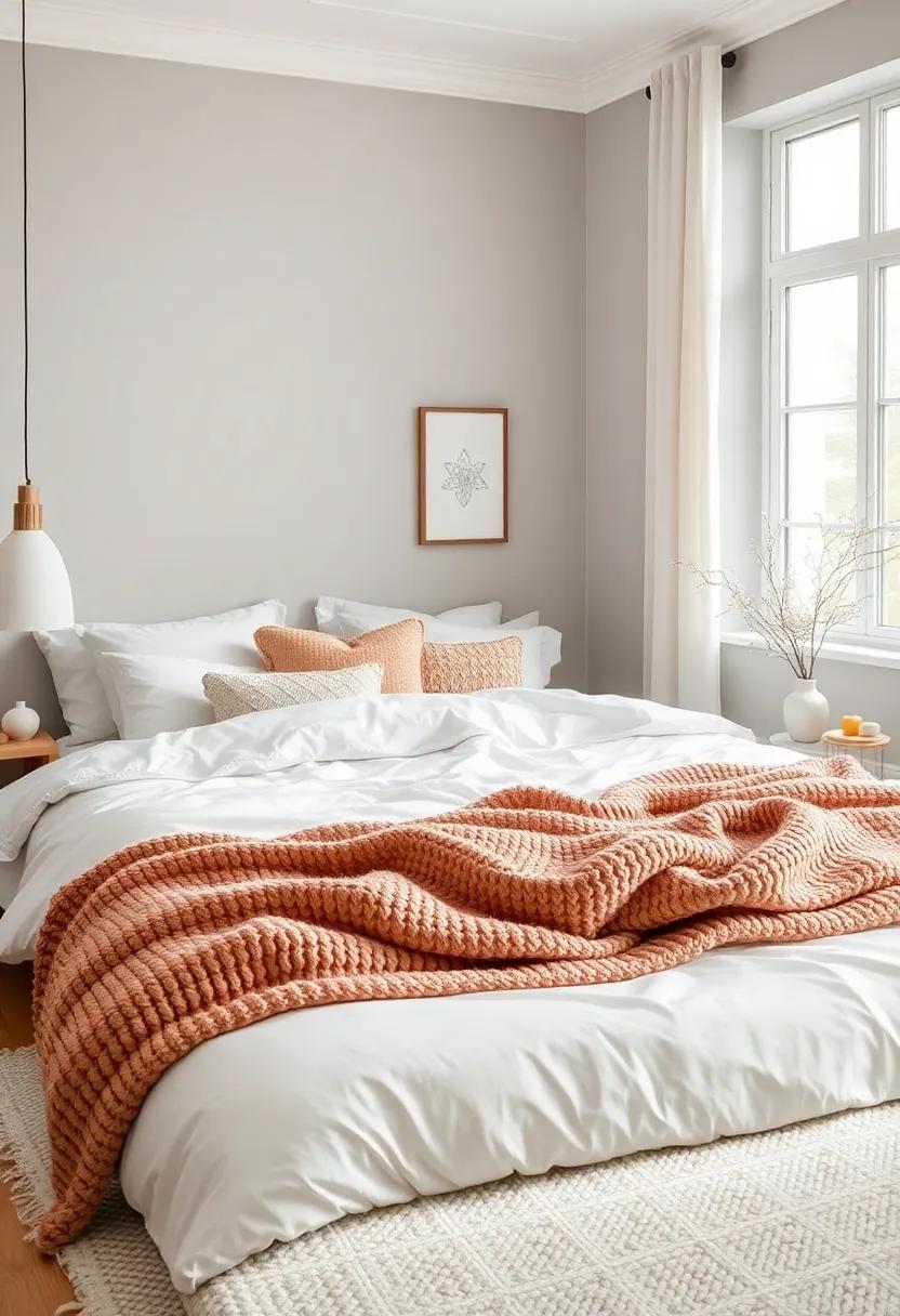 layered bedding: Experiment with various textures by layering different bedding materials, like cotton sheets, down comforters, and chunky knit throws