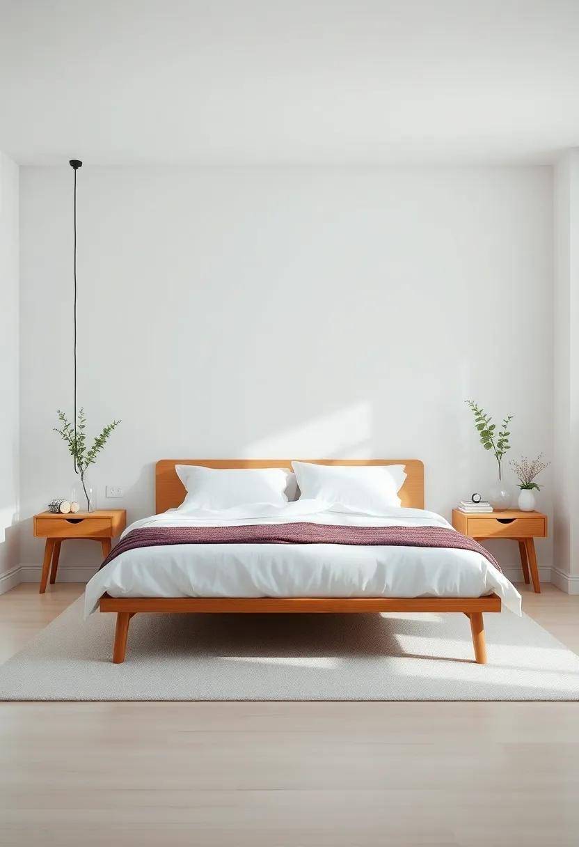 Minimalist Bed Frame: Opt for a sleek, low-profile bed frame that creates an airy feel and complements the serene aesthetic
