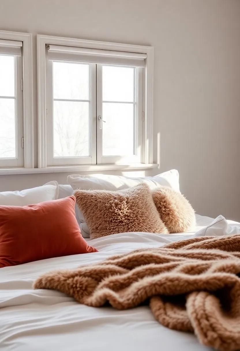 Warm Throw Pillows: Choose pillows in cozy fabrics like velvet or faux fur to invite relaxation and comfort to your bedroom