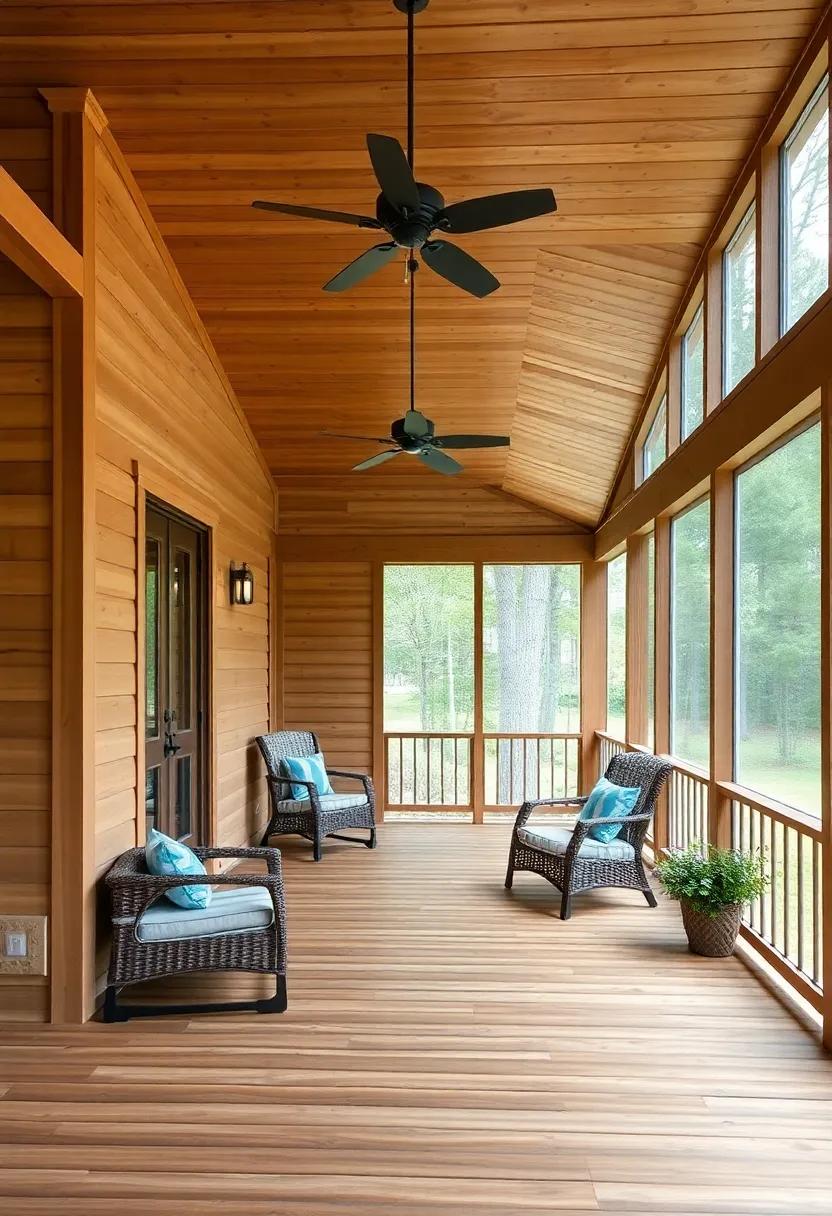 Overhead Beams-Accented Floor: Pair your ⁣flooring⁢ with overhead ⁣wooden⁤ beams for a⁤ cohesive⁣ look that enhances the⁣ woodsy feel of your screened‌ porch