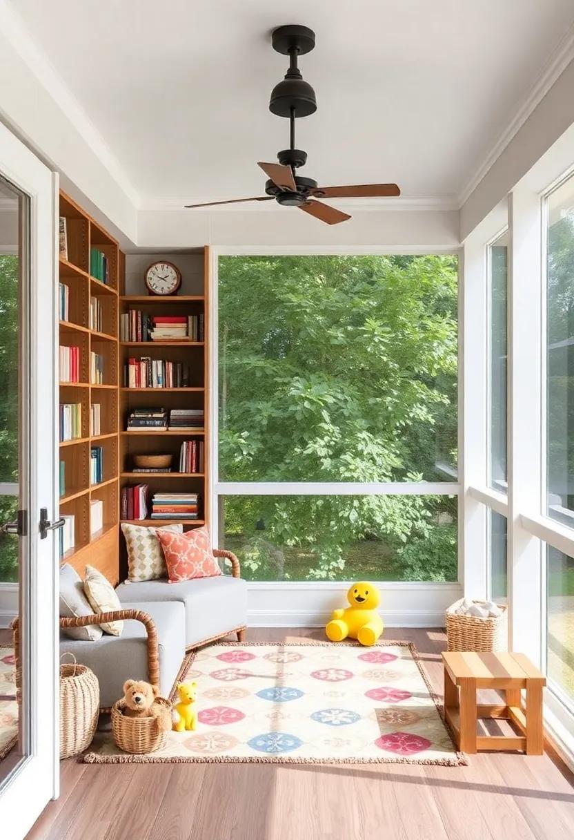 Cozy Nook Layout: Transform‍ a corner of your screened porch into a cozy ⁣reading nook‌ with built-in ‌bookshelves and ⁣a ⁣small play mat for imaginative adventures