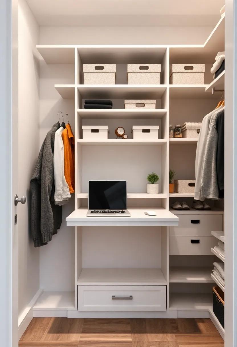 Create a multifunctional closet by integrating a fold-down ‍desk that doubles as a workspace and keeps​ your essentials organized