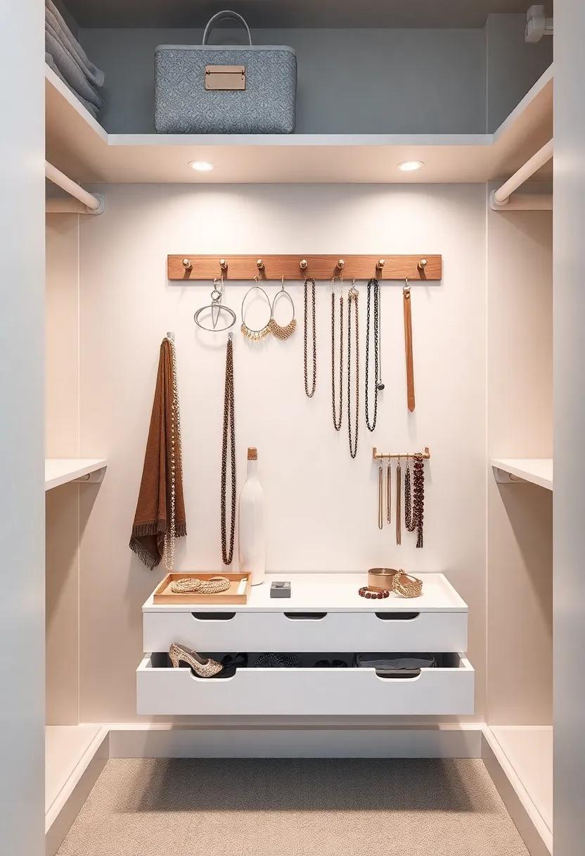 Create a jewelry station within your closet featuring hooks, trays, and small compartments to keep your accessories ​beautifully organized