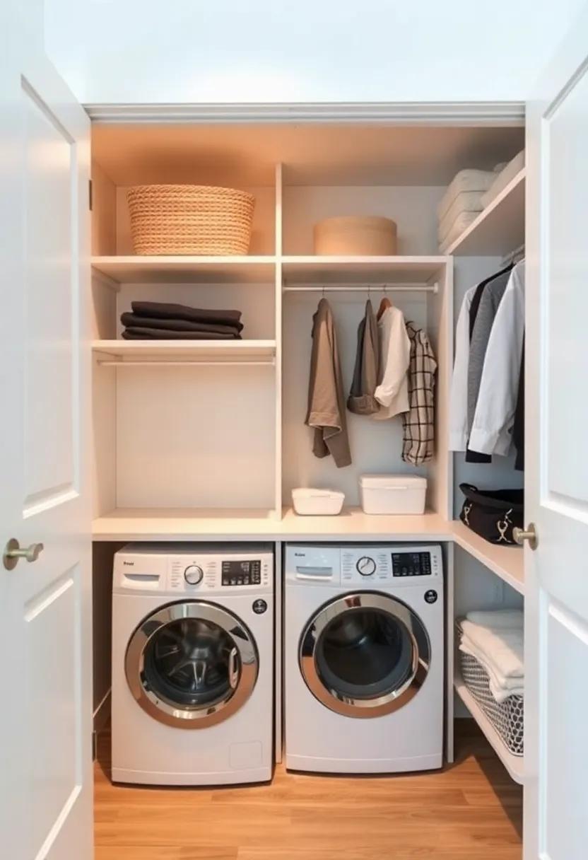 Design a‌ closet with a hidden laundry pull-out,transforming a traditional closet space into a mini laundry station