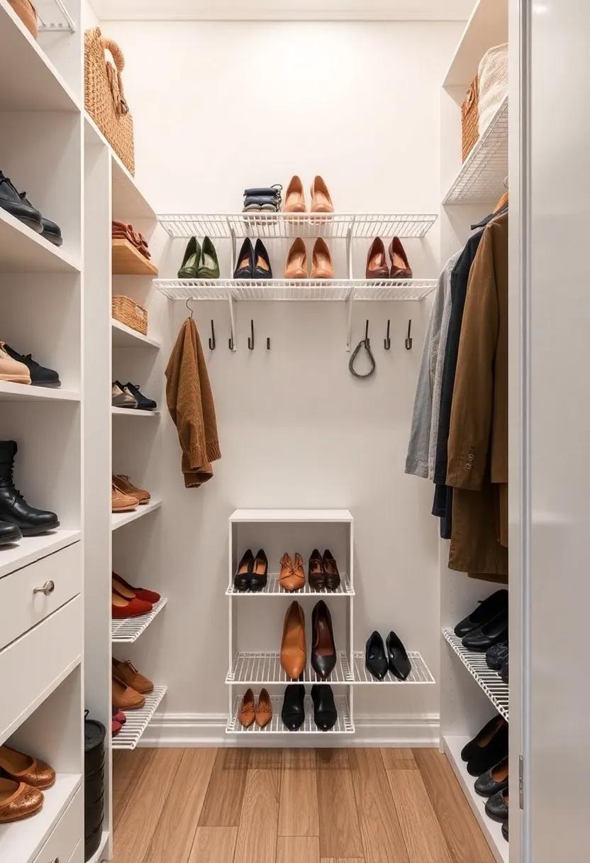 Transform a ‌narrow closet into a chic shoe haven with tiered racks and hooks to showcase⁣ your collection stylishly