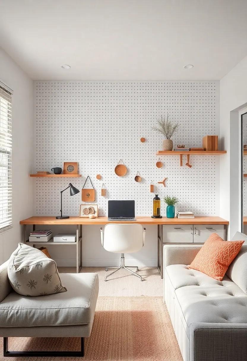 Embrace Minimalism: Discover a sleek‌ small ​home office featuring‌ a white pegboard wall adorned​ with ⁢subtle wood⁢ accents, creating a serene and inspiring workspace