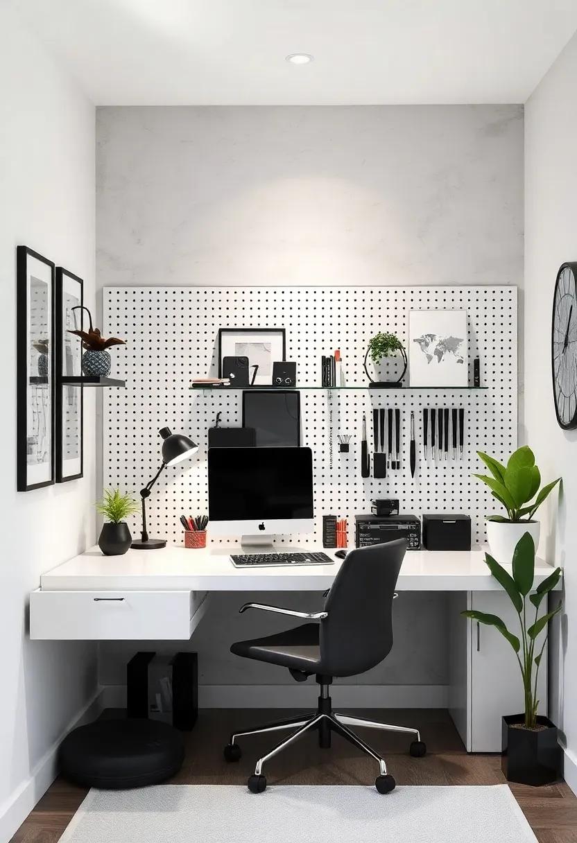 Monochrome⁣ Magic: Be captivated by a modern black and white⁤ office where a ⁢graphic ​pegboard wall​ offers stark contrast while stylishly storing ⁤minimalist ⁤essentials