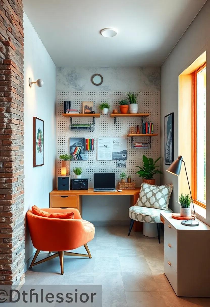 Nature-Inspired Oasis: ⁣Dive⁤ into a tranquil⁢ workspace with a green pegboard wall, complemented by ⁣indoor plants that breathe ⁤life into⁢ a small‍ office setting