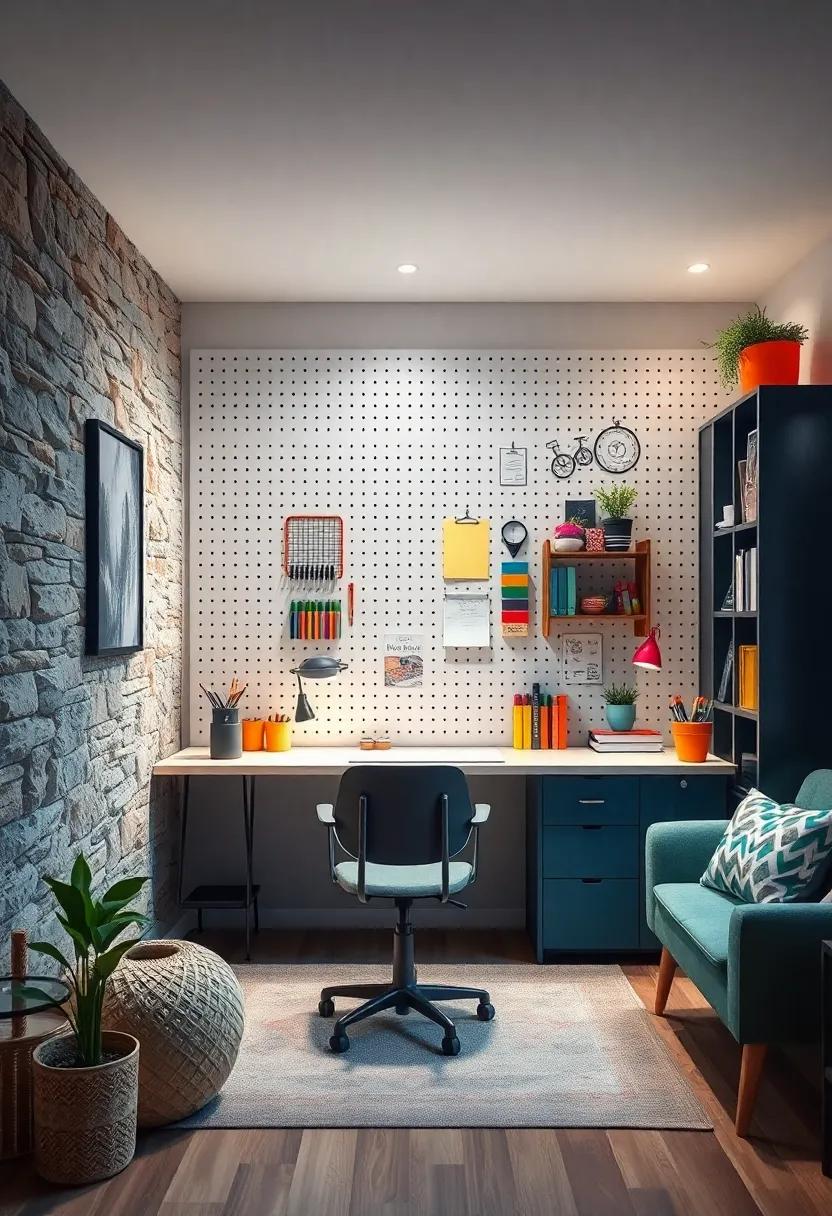 Kids' ⁢Creativity Zone: Step into a ‍vibrant ⁤small office made ⁢for young⁤ artists ‌with a playful pegboard ​wall ⁤featuring markers, papers, and fun outlines for‌ endless creativity