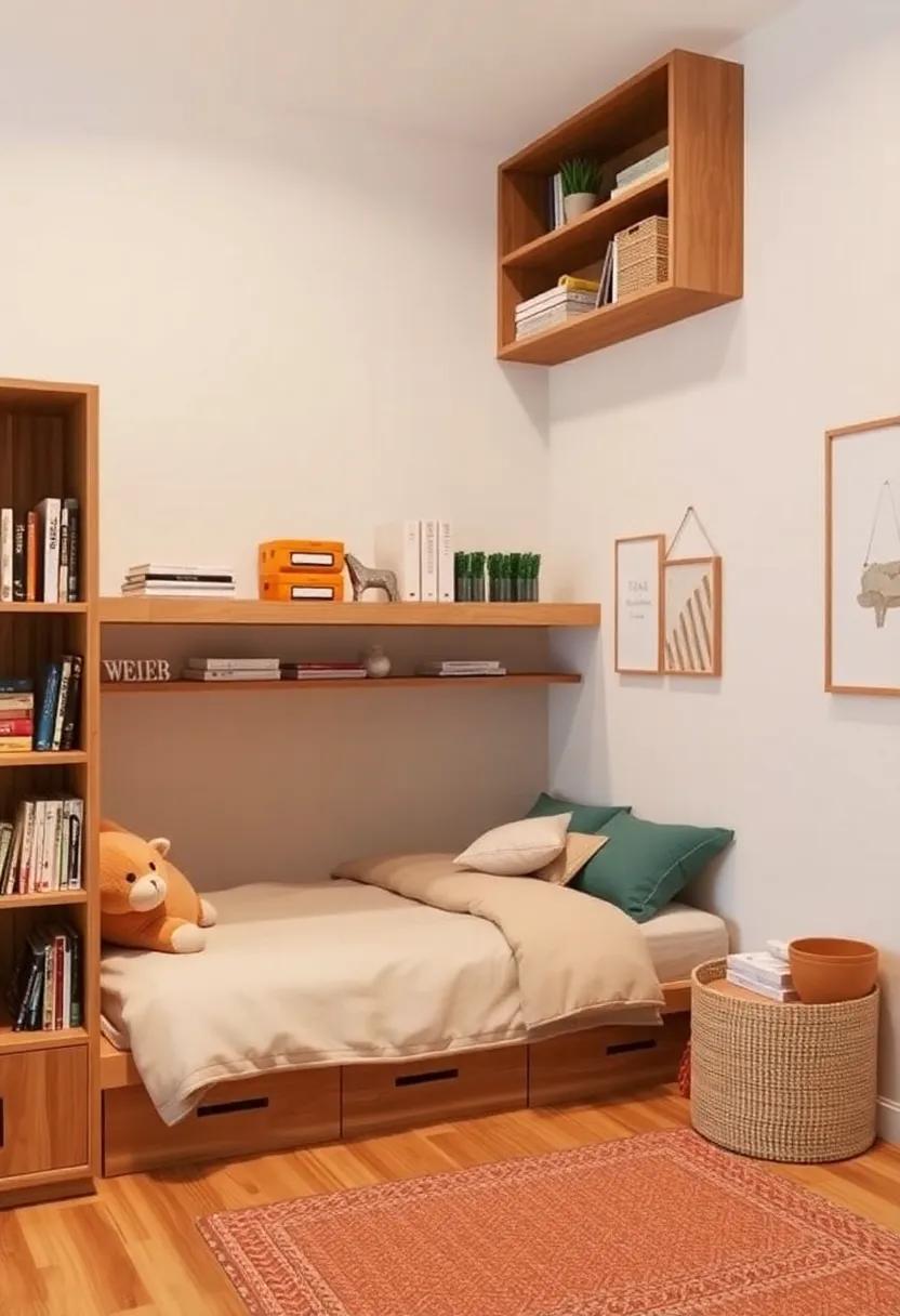The Corner Nook: A cozy ⁤corner⁢ bed with shelves tucked above creates a secret ​hideaway while​ maximizing vertical space for books and toys