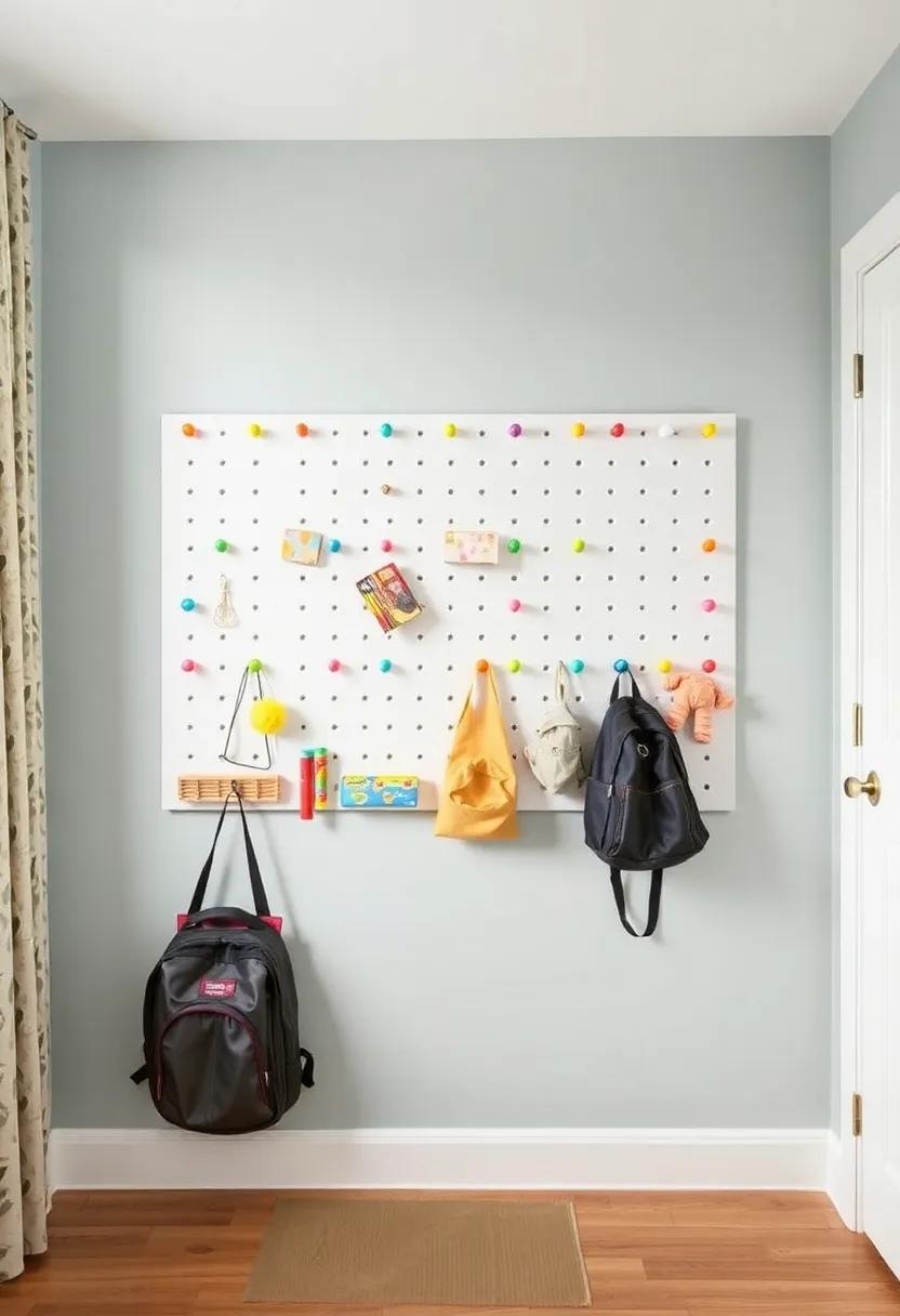 The Wall-Mounted‍ Pegboard: ‌An inventive wall-mounted storage ⁢solution featuring ​colorful pegs ​and hooks for backpacks,⁤ art supplies, and other essentials